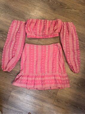 Pink Lily Pink Off-Shoulder Cropped Blouse with Long Puff Sleeves